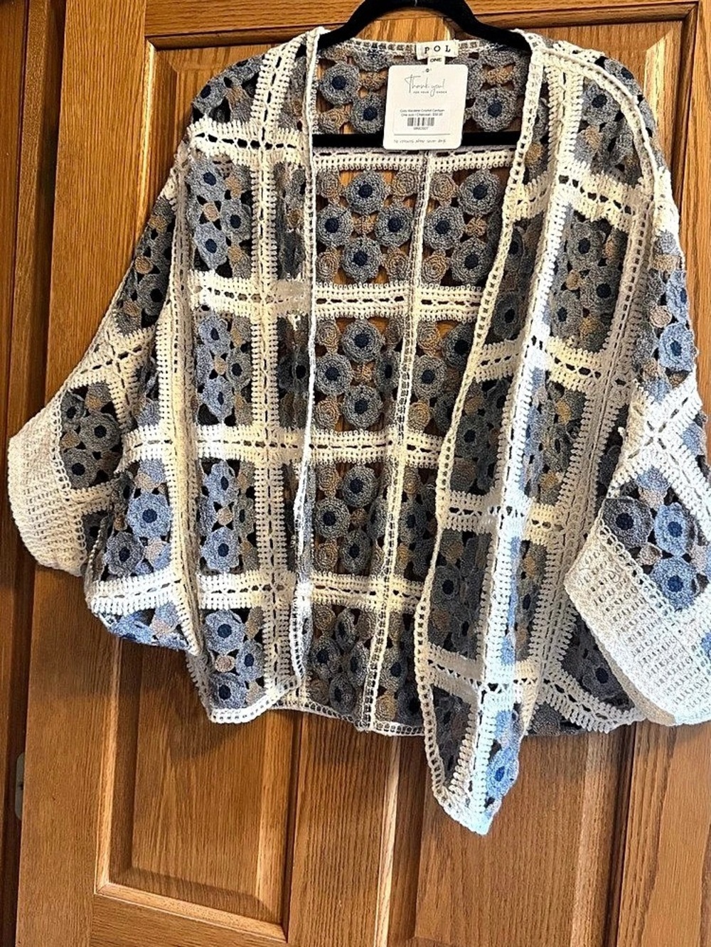 POL Granny Square Crochet Cardigan Blue & White